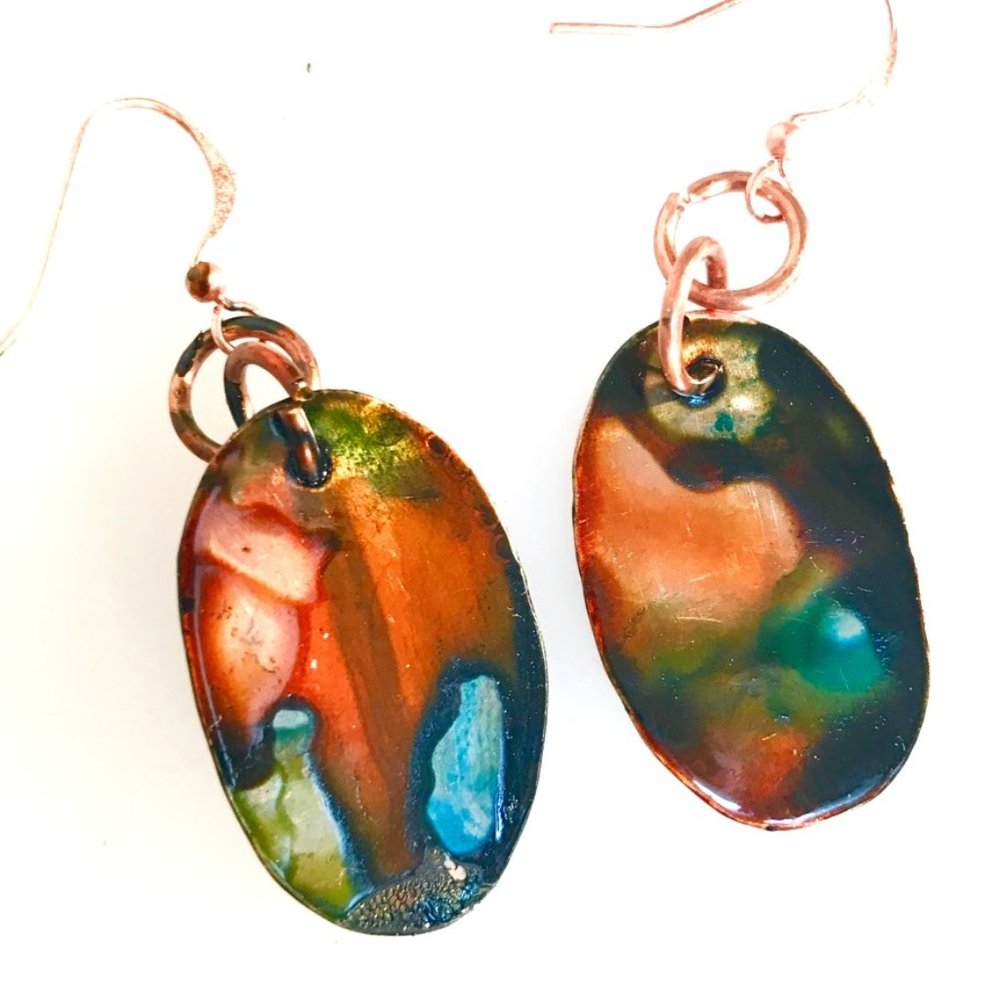 Modernist Geometric Abstract Green Blue Red Orange Solid Copper Earrings Drop - Picture 2 of 10